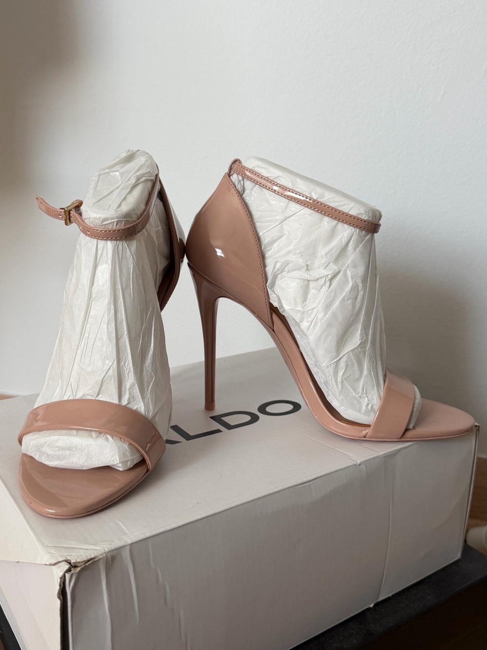 Aldo Nude Patent Stiletto Ankle-Strap Sandals